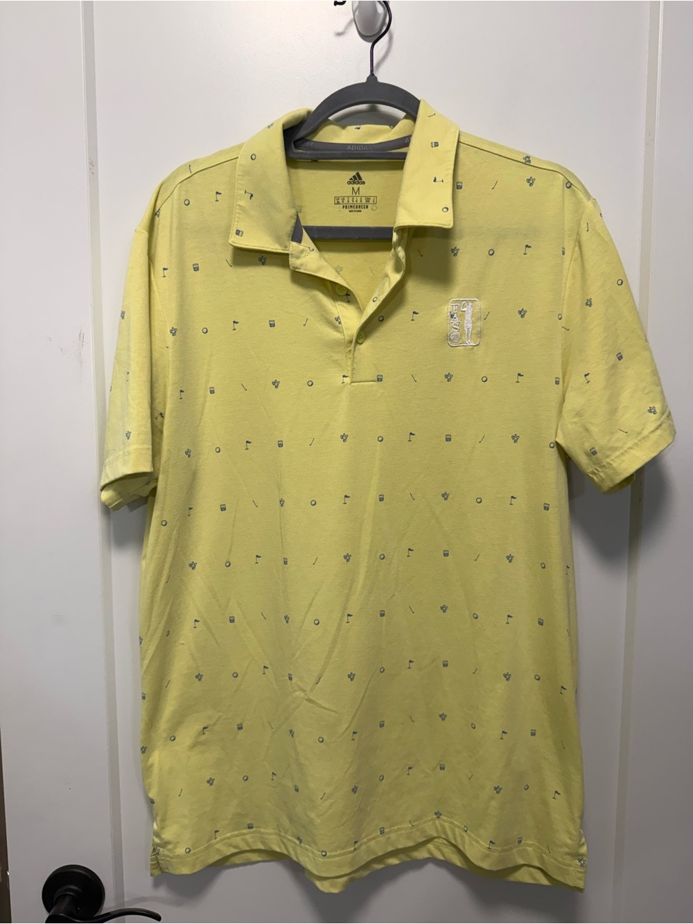 Adidas Primegreen Eco Friendly Yellow Polo Golf Club Ball Flag Print Performance